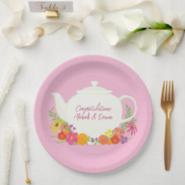Plato De Papel Fiesta de té Baby Shower Teapot Chica rosado