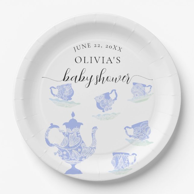 Plato De Papel Fiesta de té Blue China Lace Sweet Boy Baby Shower (Anverso)