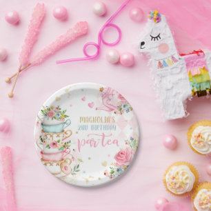 Plato De Papel Fiesta de té Chica de cumpleaños Pink & Gold Flo