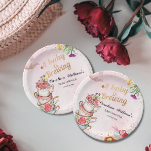 Plato De Papel Fiesta de té con flores rosadas El bebé se está pr