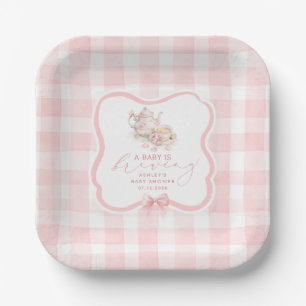 Plato De Papel Fiesta de té de gingham rosa para baby shower de n