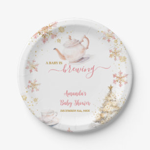 Plato De Papel Fiesta de té de invierno rosa Baby Is Brewing Baby