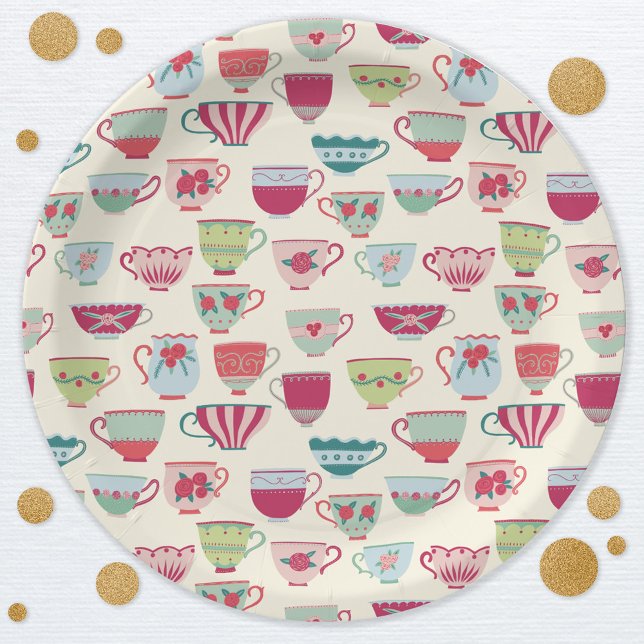 Plato De Papel Fiesta de té en taza antigua (Modern vintate teacup tea party pattern paper plates)