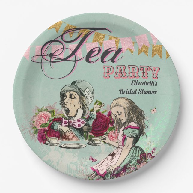 Plato De Papel Fiesta de té personalizada de Alice en Wonderland  (Anverso)