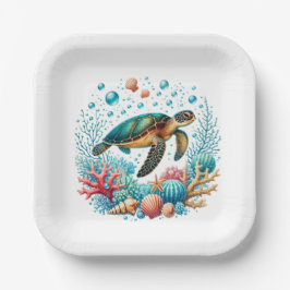 Plato De Papel Fiesta de tortuga marina de playa linda