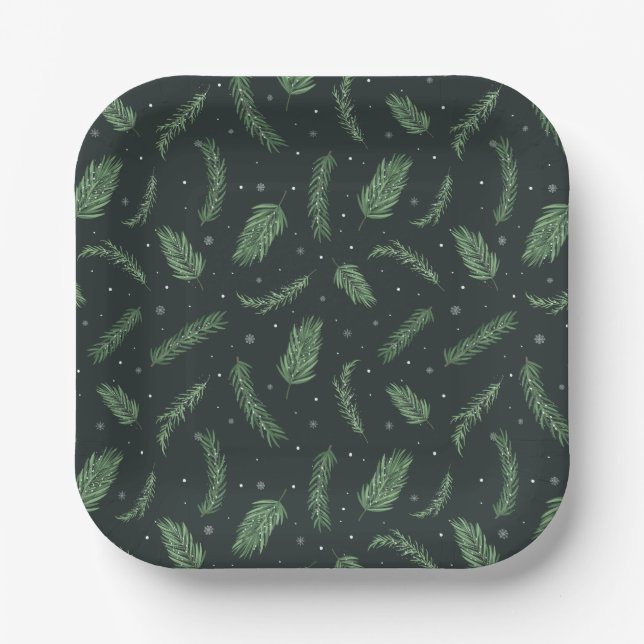 Plato De Papel Fiesta de vacaciones de patrón spruce para navidad (Anverso)