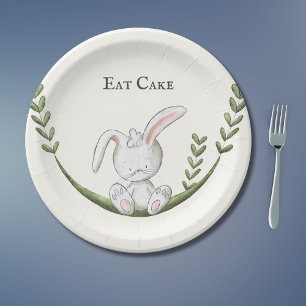Plato De Papel Fiesta de Vegetación de Conejito Blanco Lindo