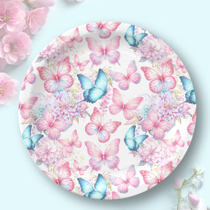 Plato De Papel Fiesta de verano azul morado rosa mariposa