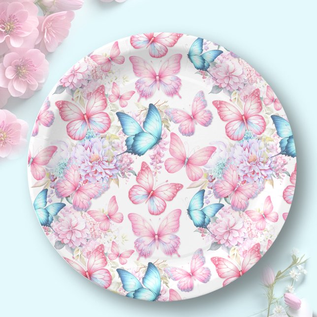 Plato De Papel Fiesta de verano azul morado rosa mariposa (Butterfly Pink Purple Blue Summer Party Paper Plates)