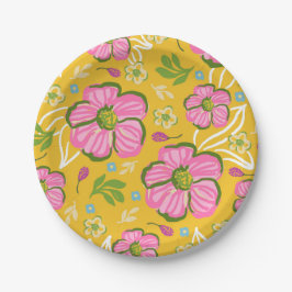 Plato De Papel Fiesta de Verano Floral Amarillo Rosa Jardín