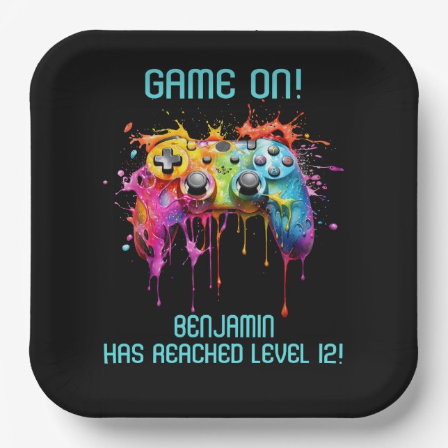 Plato De Papel Fiesta de videojuegos Verde azulado Boy Gamer (Anverso)