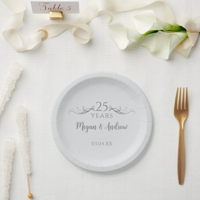 Plato De Papel Fiesta del 25º Aniversario del Gris Personalizado  (Boda)