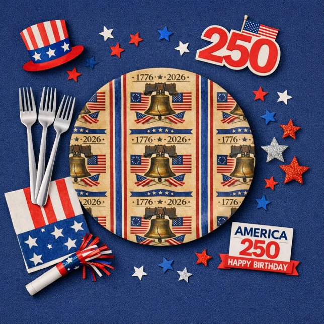 Plato De Papel Fiesta del 250 Aniversario de América  (Celebrate America's 250th in style—our Liberty Bell plate adds vintage charm to your patriotic table)