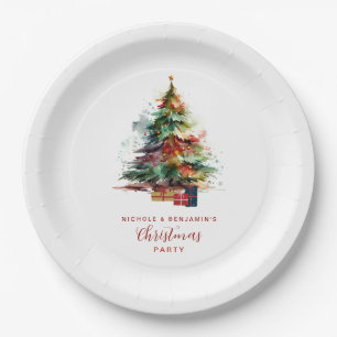 Plato De Papel Fiesta del árbol de Navidad en acuarela