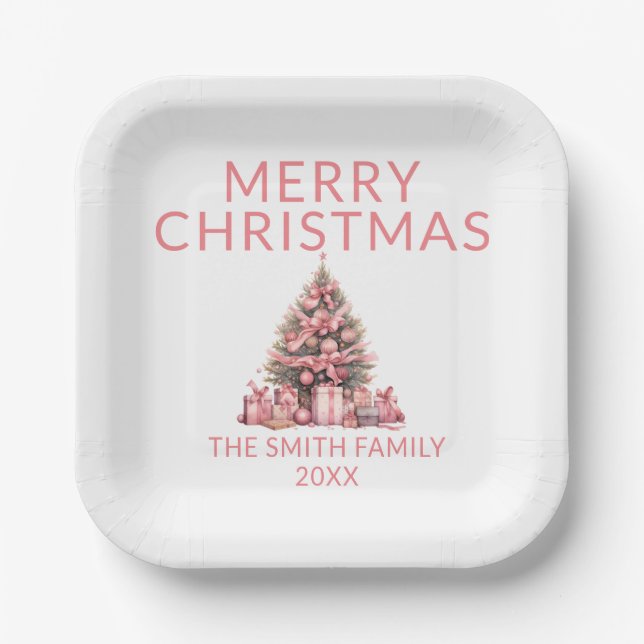 Plato De Papel Fiesta del árbol de Navidad rosa (Anverso)