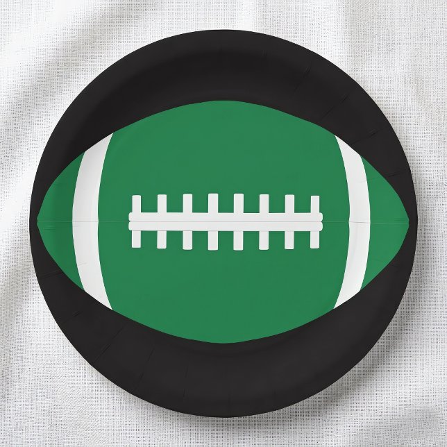 Plato De Papel Fiesta del equipo de fútbol/Banquetes Deportes de  (Green football paper plates on white tablecloth. Great for football parties and events.)