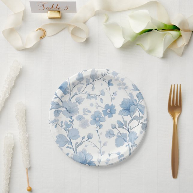 Plato De Papel Fiesta del Jardín de Flores Azules Elegante (Boda)
