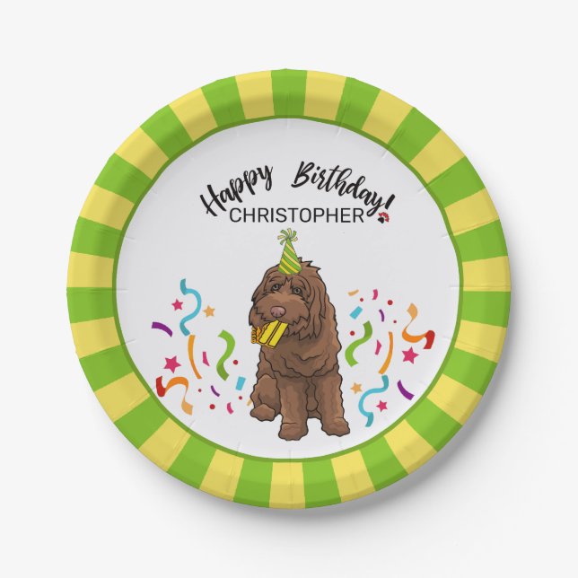 Plato De Papel Fiesta del perro de Labradoodle del feliz (Anverso)