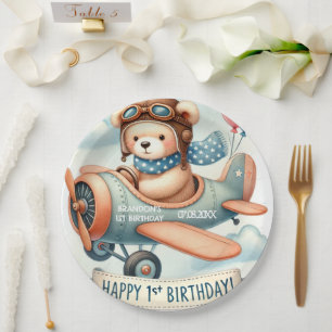 Plato De Papel Fiesta del primer cumpleaños de Airplane Boy Bear