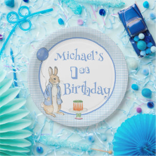 Plato De Papel Fiesta del primer cumpleaños de Cute Rabbit Blue