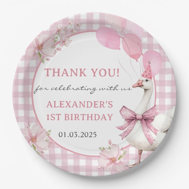 Plato De Papel Fiesta del primer cumpleaños de Silly Goose (Anverso)