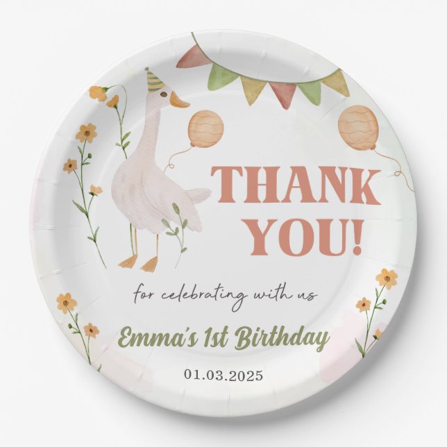 Plato De Papel Fiesta del primer cumpleaños de Silly Goose (Anverso)