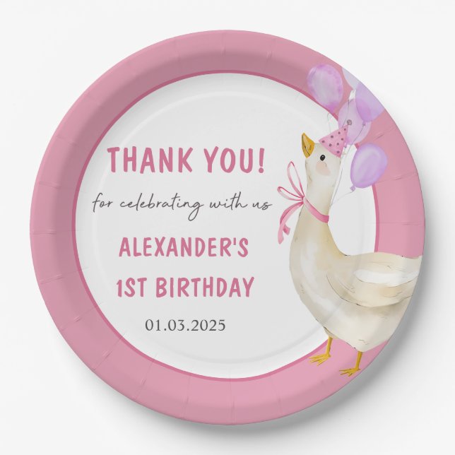 Plato De Papel Fiesta del primer cumpleaños de Silly Goose (Anverso)