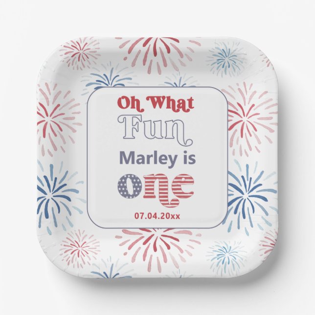 Plato De Papel Fiesta del primer cumpleaños del Azul Blanco Rojo (Anverso)