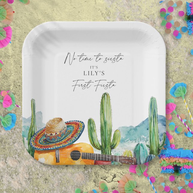 Plato De Papel Fiesta del Primer Cumpleaños del Cactus Acuarela (Watercolor Cactus First Fiesta 1st Birthday Party Paper Plates)