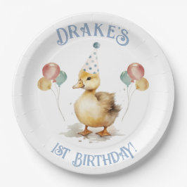 Plato De Papel Fiesta del primer cumpleaños del pato afortunado