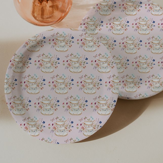 Plato De Papel Fiesta del Té Rosa Despedida de Soltera (Pink Tea Party Bridal Shower Paper Plates by Painted Paperie
)