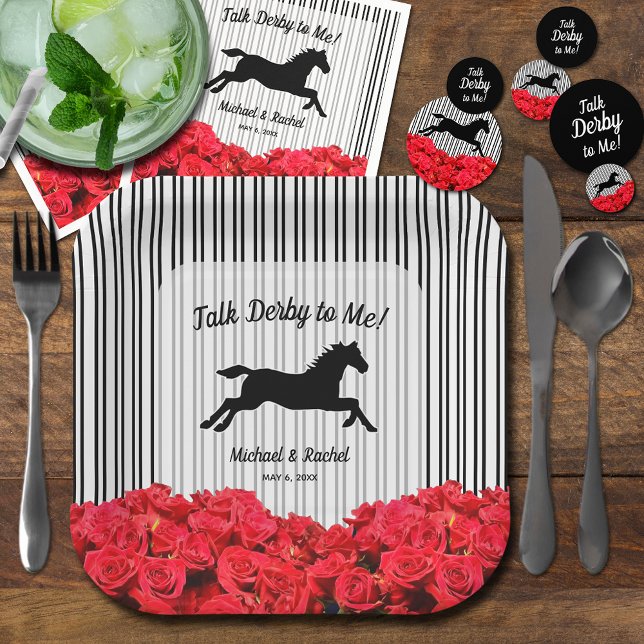 Plato De Papel Fiesta Derby de Roses Rojos de Silhouette de Cabal (Horse Silhouette Red Roses Derby Party Paper Plates)