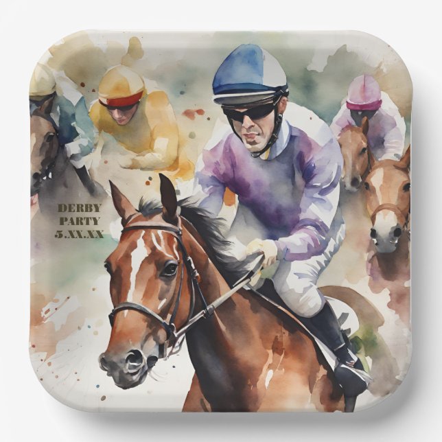 Plato De Papel Fiesta Derby de Watercolor Jockey Race (Anverso)