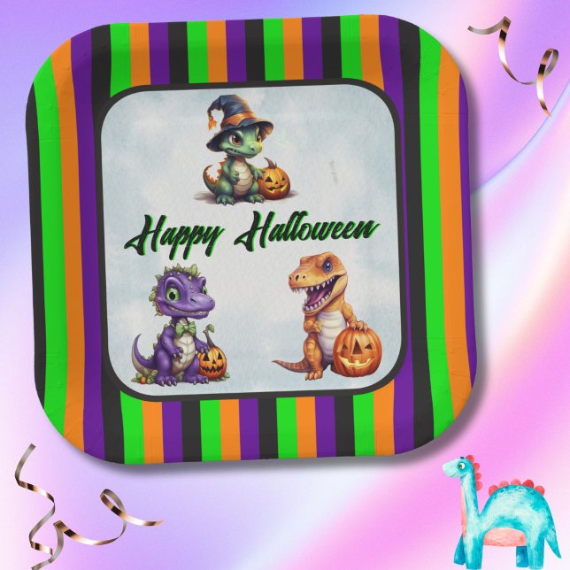 Plato De Papel Fiesta Dino-Mash de los dinosaurios de Halloween (Halloween Dinosaur Stripe Happy Halloween Square Paper Plates for Party)