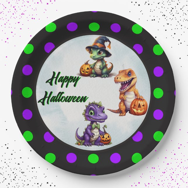 Plato De Papel Fiesta Dino-Mash de los dinosaurios de Halloween (Super cute 3 dino Happy Halloween polka dot paper party plates!)