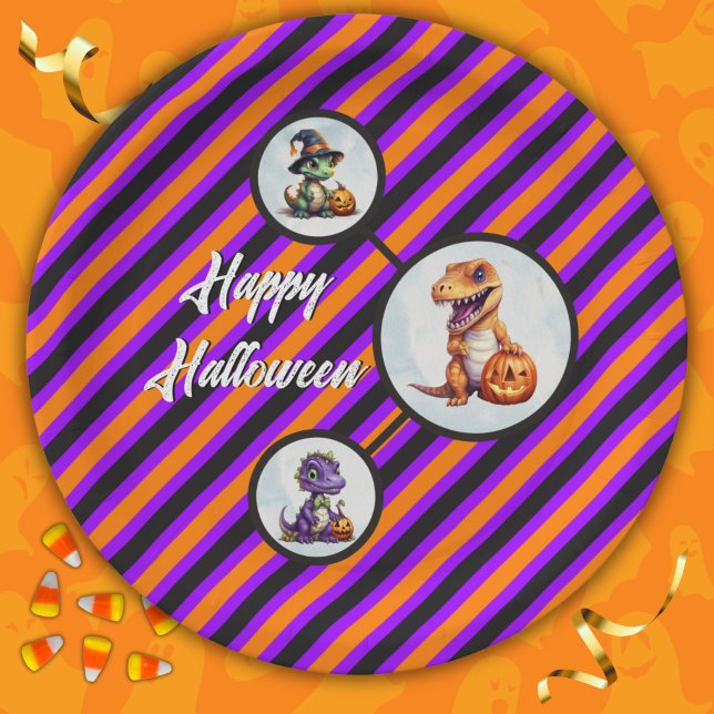 Plato De Papel Fiesta Dino-Mash de los dinosaurios de Halloween (Halloween Dinosaur Circle Paper Plates in Orange and Purple)