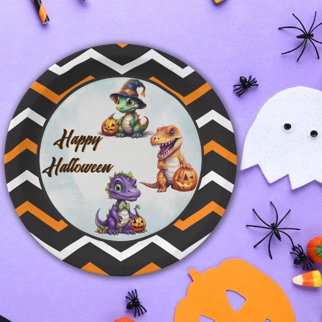 Plato De Papel Fiesta Dino-Mash de los dinosaurios de Halloween (Orange, Black and White Dinosaur themed Halloween party plates.)