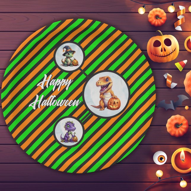 Plato De Papel Fiesta Dino-Mash de los dinosaurios de Halloween (Halloween Dinosaur Circle Paper Plates in Orange and Green)