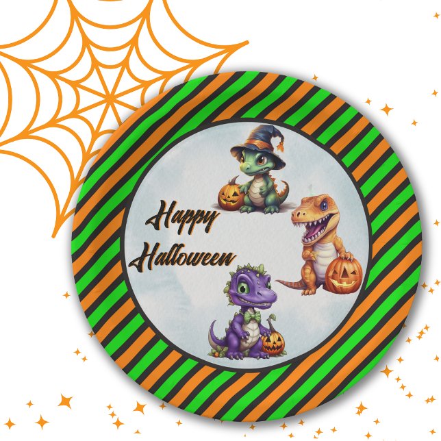 Plato De Papel Fiesta Dino-Mash de los dinosaurios de Halloween (Green and Orange circular paper plates for Dinosaur Halloween party.)