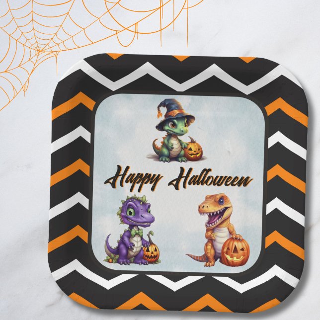Plato De Papel Fiesta Dino-Mash de los dinosaurios de Halloween (Orange White Black Stripe Dino Halloween Plate)