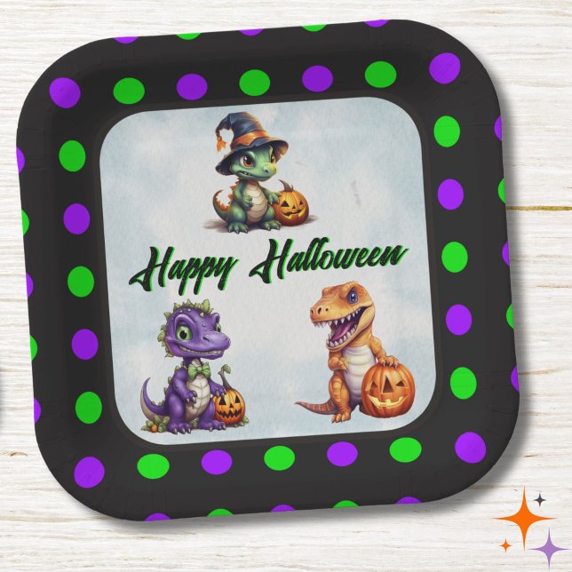 Plato De Papel Fiesta Dino-Mash de los dinosaurios de Halloween (Polka Dot Halloween Plate)