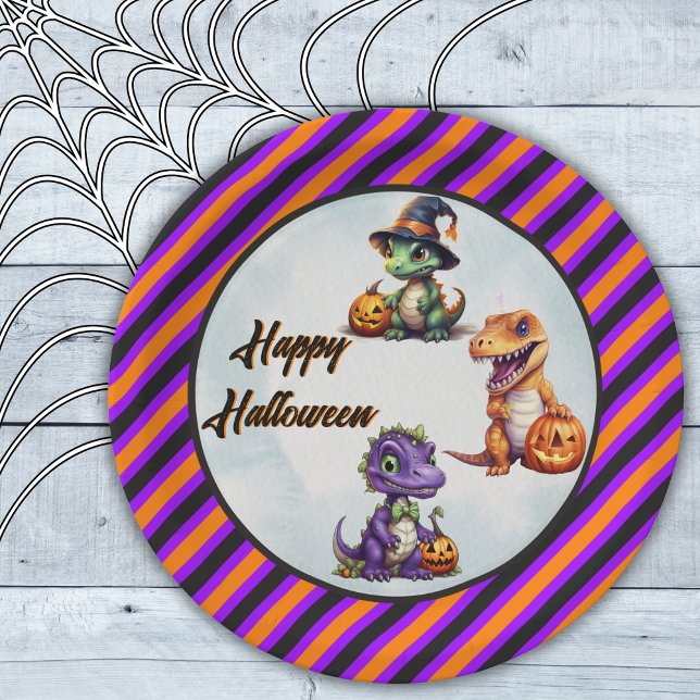 Plato De Papel Fiesta Dino-Mash de los dinosaurios de Halloween (Happy Halloween Dinosaur Party Plate in Purple and Orange)