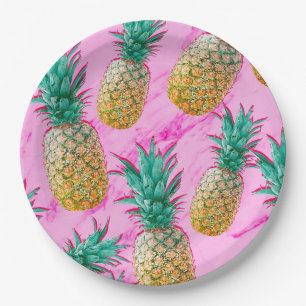Plato De Papel Fiesta Divertida Tropical Piñas y Mármol Rosa Chic