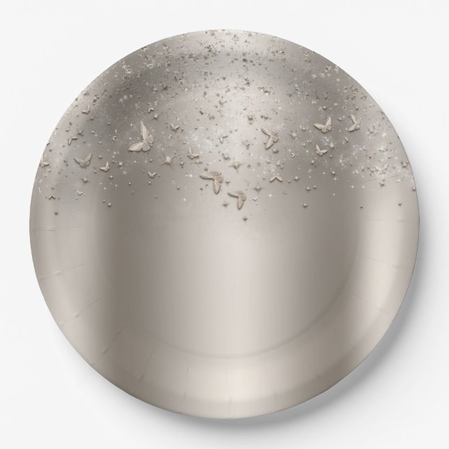 Plato De Papel Fiesta Dulce 16 Mariposa Brillo Champán (Anverso)