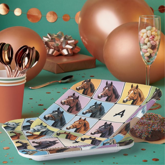 Plato De Papel Fiesta ecuestre temática equina caballo monogramad (Multi)