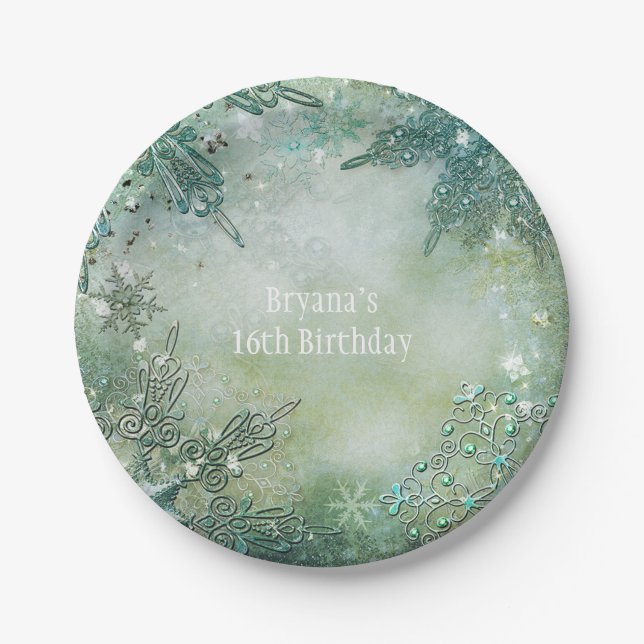 Plato De Papel Fiesta elegante del Golden Snowflake Winter Wonder (Anverso)