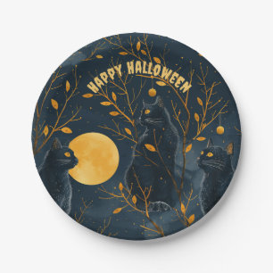 Plato De Papel Fiesta Feliz Halloween Gato Negro