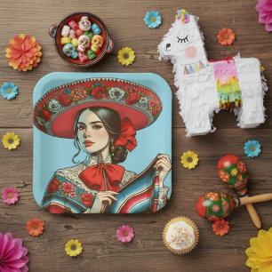 Plato De Papel Fiesta festiva mujer mariachi Fiesta