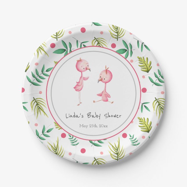 Plato De Papel Fiesta Flamingo Gemelos Personalizados Baby Shower (Anverso)
