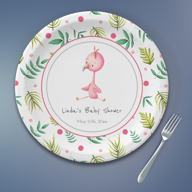Plato De Papel Fiesta Flamingo Personalized Cute Baby Shower (Tropical flamingo baby shower paper plates)